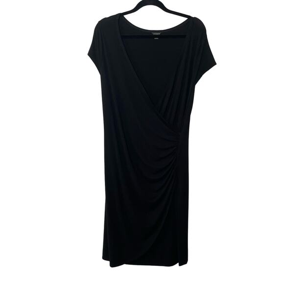 Ann Taylor Black Midi Dress Deep V Neck Cross Over Rutching Short Sleeves L - Picture 1 of 10